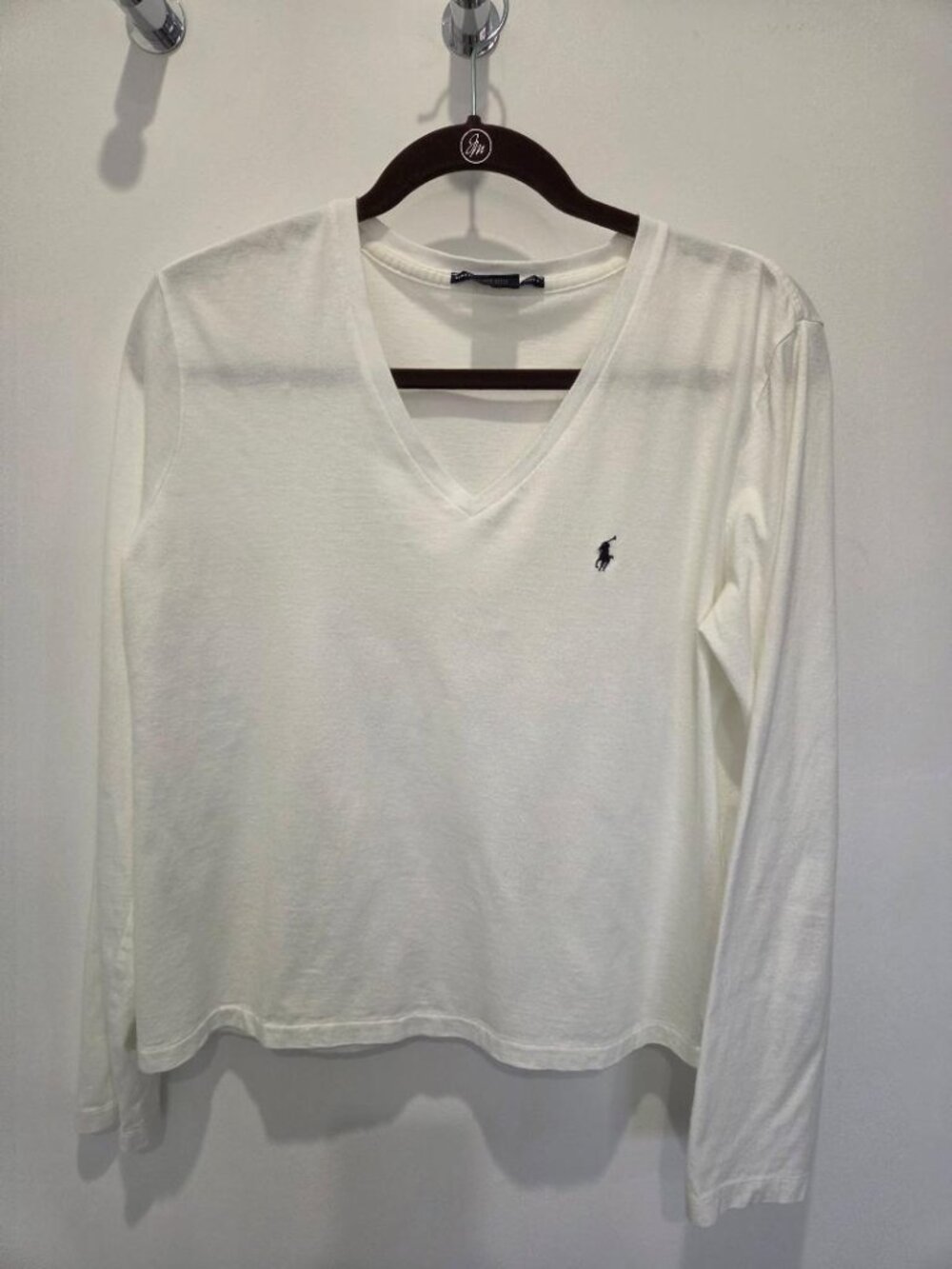 Ralph Lauren Sport White Cotton Long Sleeve V Neck Tee Shirt with Logo   Large